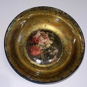 Rare vintage floral enamel coated copper/bronze dish. Carnations flowers
